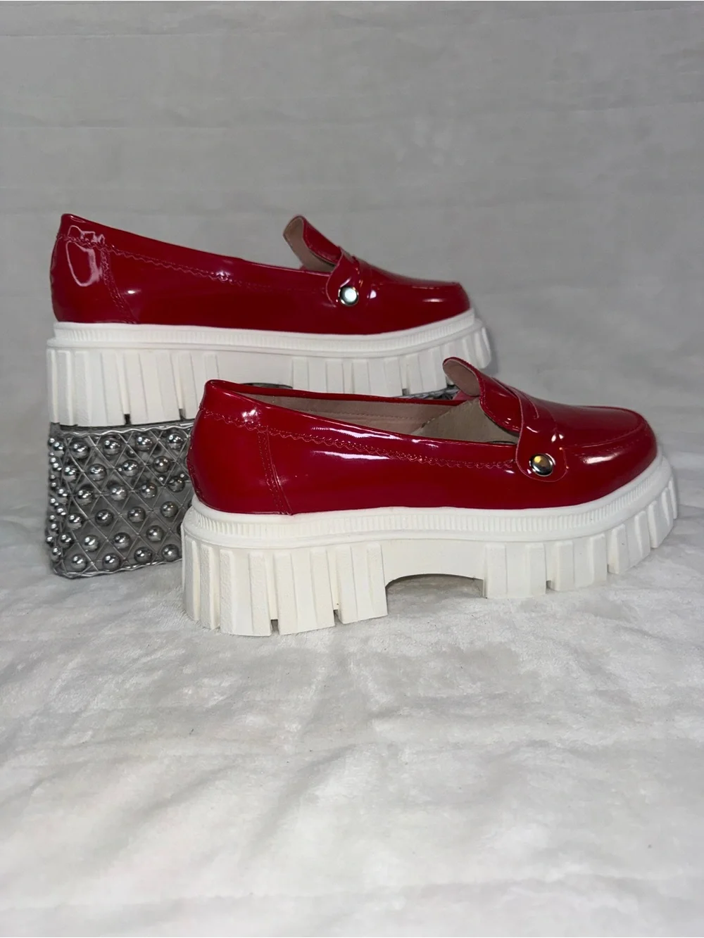 Patent Red Platform Loafers with Chunky White Sole size 8W